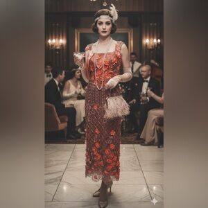 1950’s vintage salmon brocade fabric Elegant Floral Pink Dress